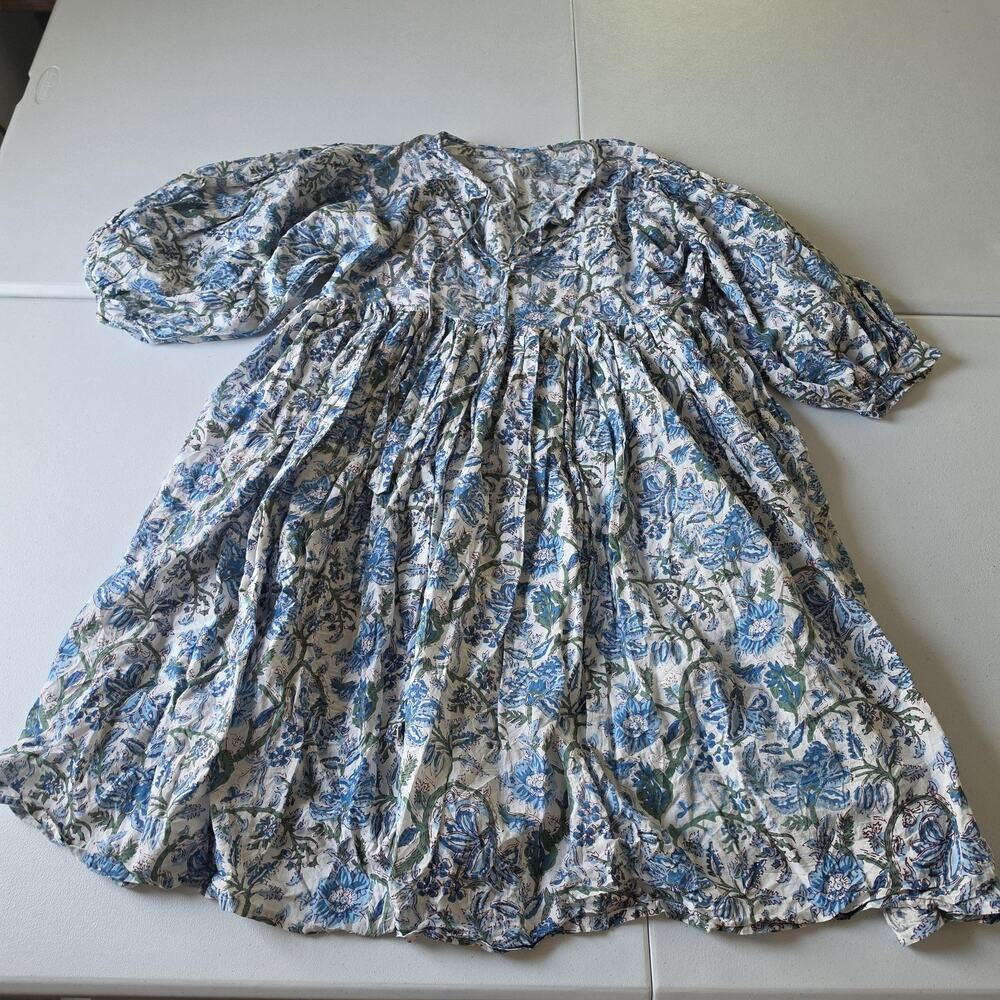 Boho Floral Dress Womens M Blue Puff Sleeve Fit & Flare Knee Length V Neck